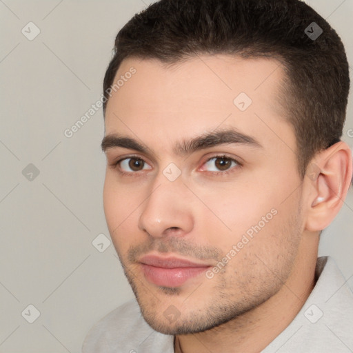 Neutral white young-adult male with short  brown hair and brown eyes