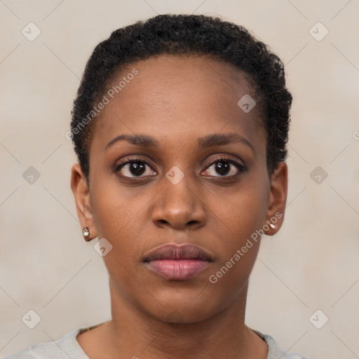 Neutral black young-adult female with short  brown hair and brown eyes