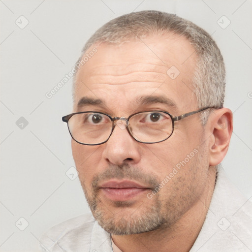 Neutral white adult male with short  brown hair and brown eyes