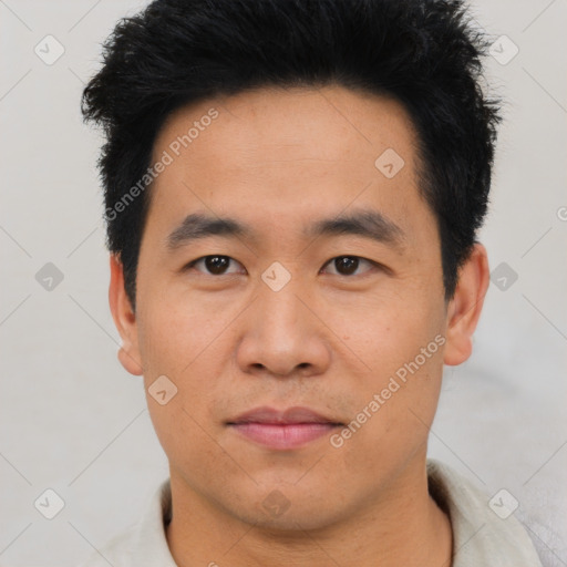 Neutral asian young-adult male with short  black hair and brown eyes