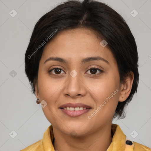 Joyful white adult female with medium  brown hair and brown eyes