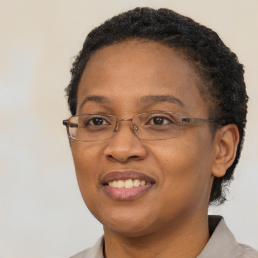 Joyful black adult female with short  brown hair and brown eyes