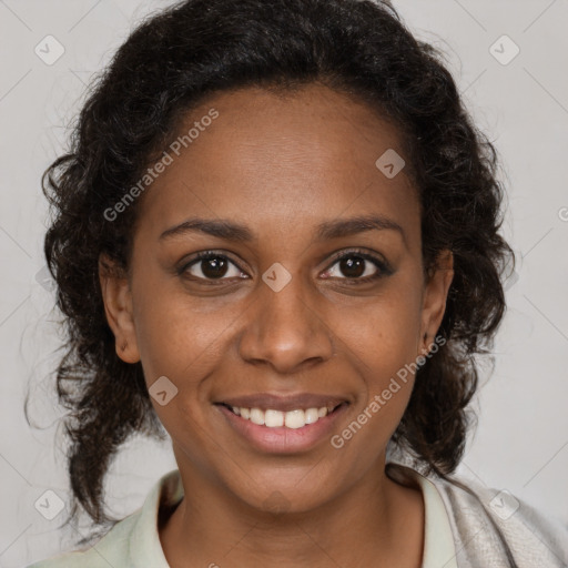 Joyful black young-adult female with medium  brown hair and brown eyes