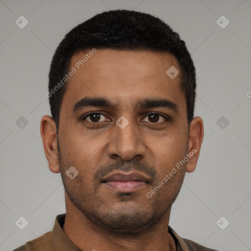Neutral latino young-adult male with short  black hair and brown eyes