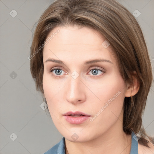 Neutral white young-adult female with medium  brown hair and grey eyes