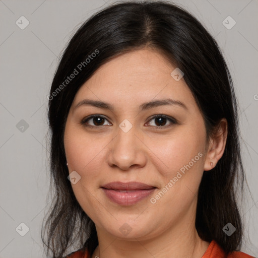 Joyful white young-adult female with long  brown hair and brown eyes