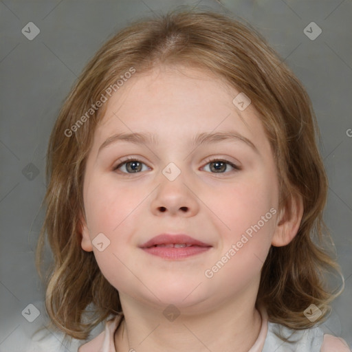 Joyful white child female with medium  brown hair and brown eyes