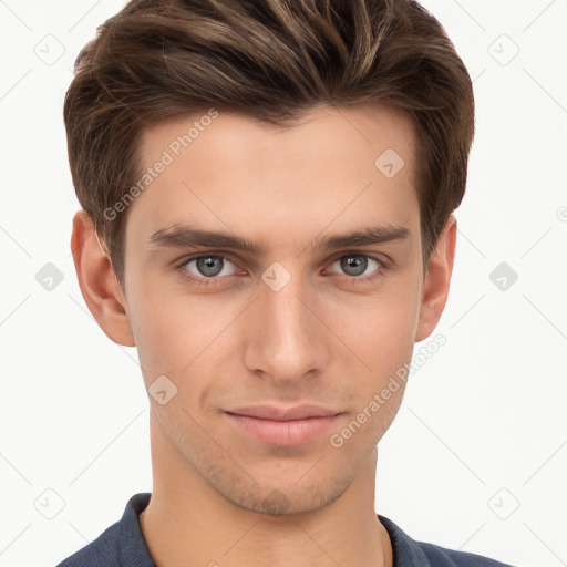 Neutral white young-adult male with short  brown hair and brown eyes