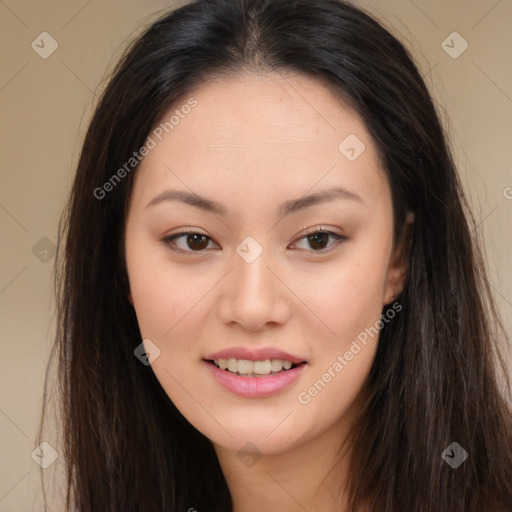 Joyful asian young-adult female with long  brown hair and brown eyes