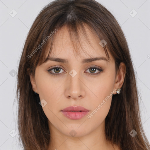 Neutral white young-adult female with long  brown hair and brown eyes