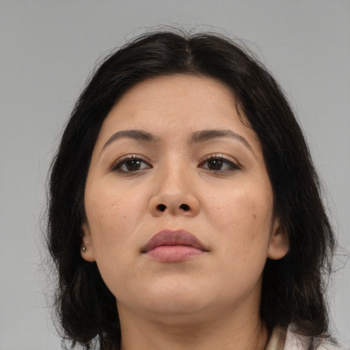 Neutral asian young-adult female with medium  brown hair and brown eyes