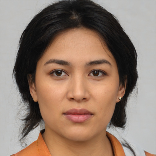 Neutral asian young-adult female with medium  black hair and brown eyes