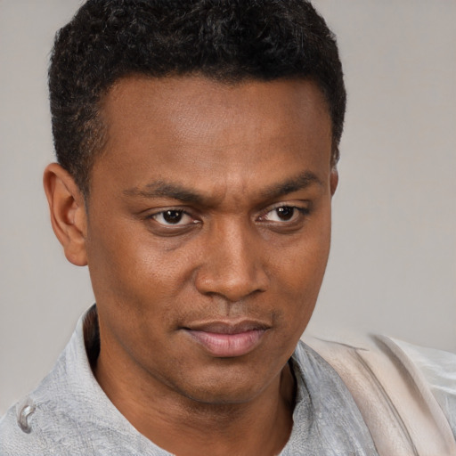 Neutral black young-adult male with short  brown hair and brown eyes