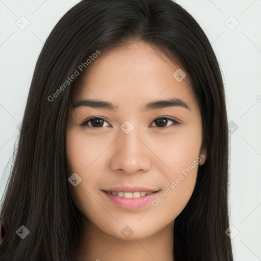 Joyful asian young-adult female with long  brown hair and brown eyes