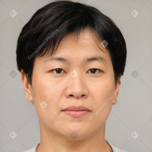 Neutral asian young-adult male with short  brown hair and brown eyes