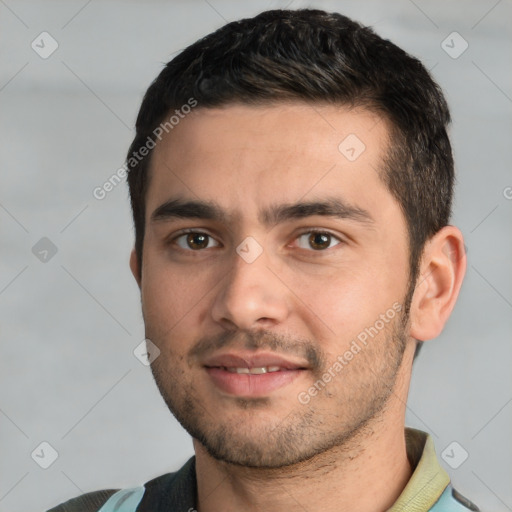 Neutral white young-adult male with short  black hair and brown eyes