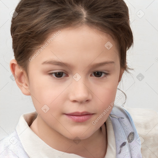 Joyful white child female with short  brown hair and brown eyes