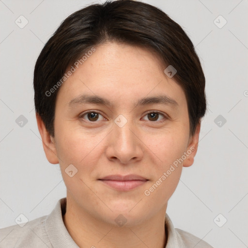 Joyful white young-adult female with short  brown hair and brown eyes