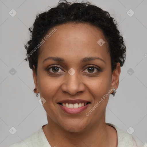 Joyful latino young-adult female with short  brown hair and brown eyes