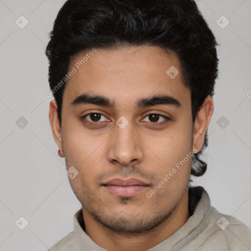 Neutral latino young-adult male with short  black hair and brown eyes