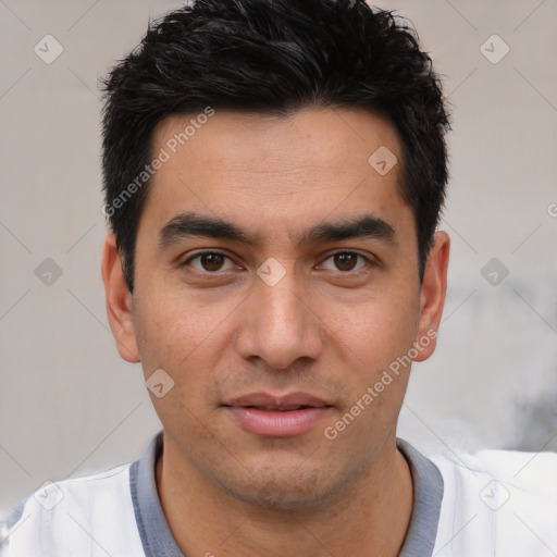 Joyful white young-adult male with short  black hair and brown eyes