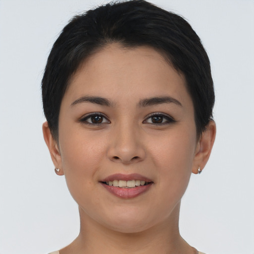 Joyful asian young-adult female with short  brown hair and brown eyes