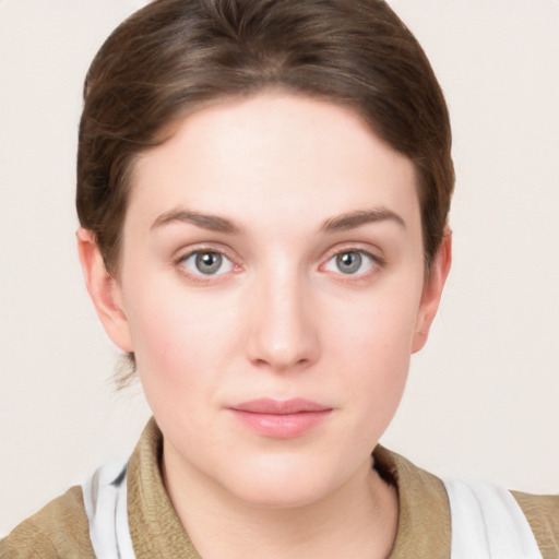 Neutral white young-adult female with short  brown hair and grey eyes