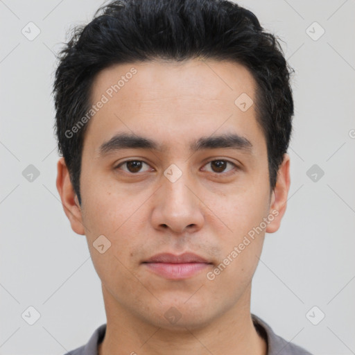 Neutral asian young-adult male with short  brown hair and brown eyes