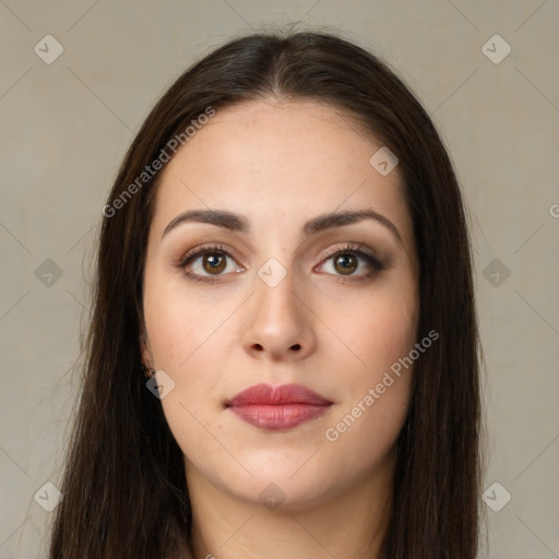 Neutral white young-adult female with long  brown hair and brown eyes