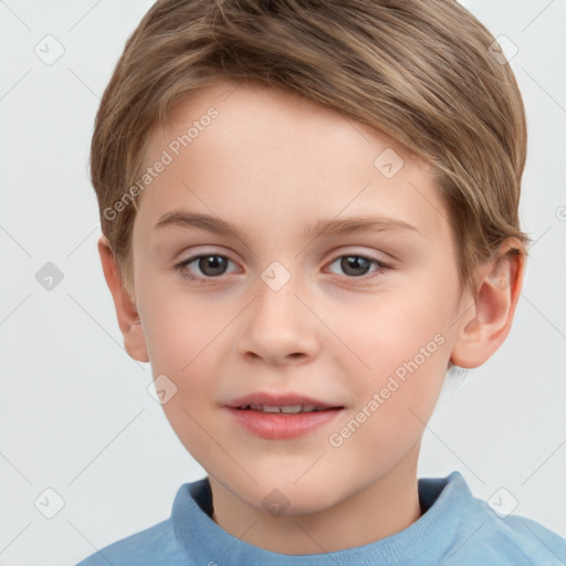 Joyful white child female with short  brown hair and brown eyes