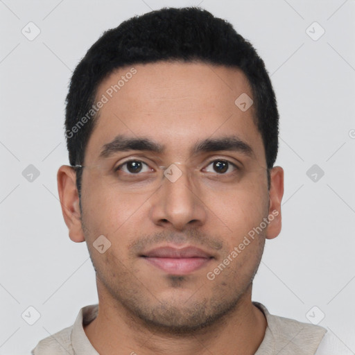 Neutral latino young-adult male with short  black hair and brown eyes