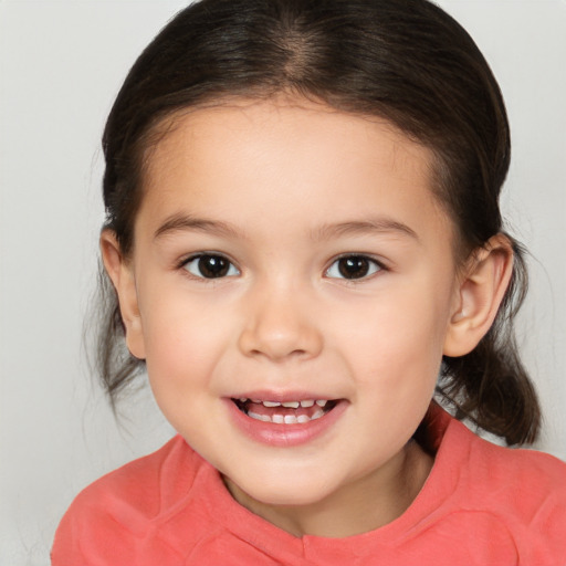 Joyful white child female with medium  brown hair and brown eyes