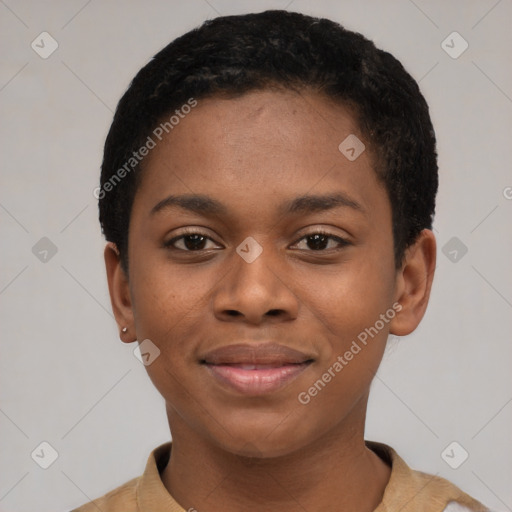 Joyful latino young-adult female with short  black hair and brown eyes