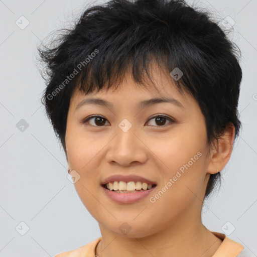 Joyful asian young-adult female with short  brown hair and brown eyes