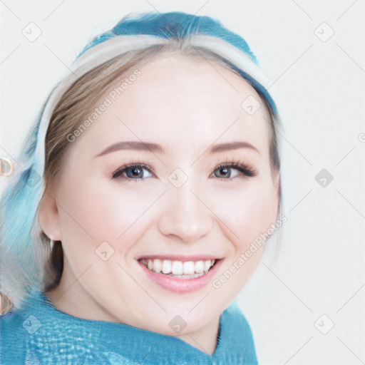 Joyful white young-adult female with medium  brown hair and blue eyes