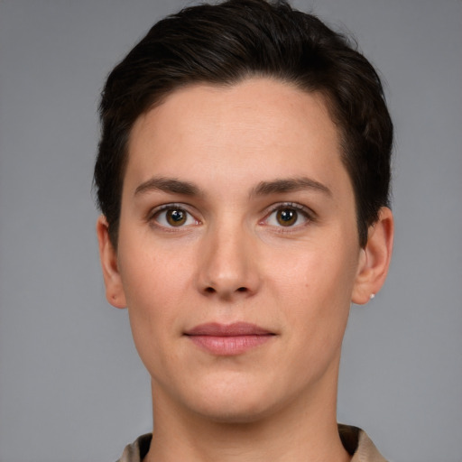 Neutral white young-adult female with short  brown hair and brown eyes