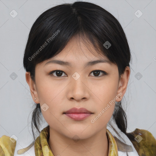 Neutral asian young-adult female with medium  brown hair and brown eyes