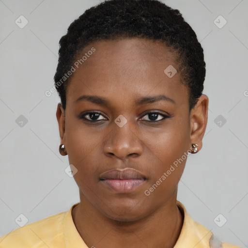 Neutral black young-adult female with short  black hair and brown eyes