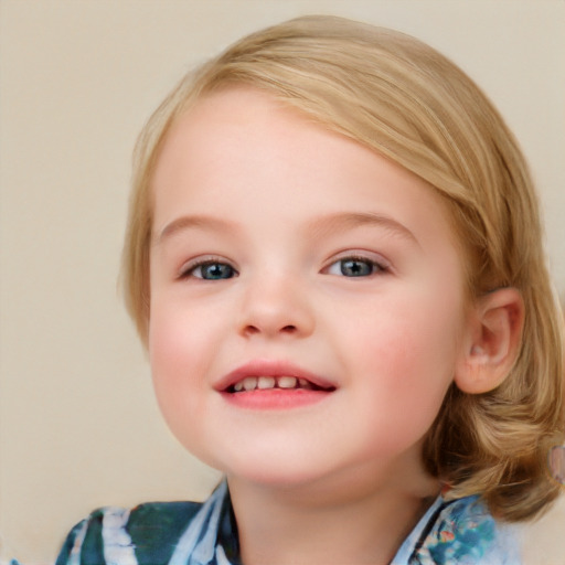 Joyful white child female with medium  brown hair and blue eyes