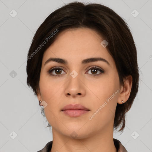 Neutral white young-adult female with medium  brown hair and brown eyes