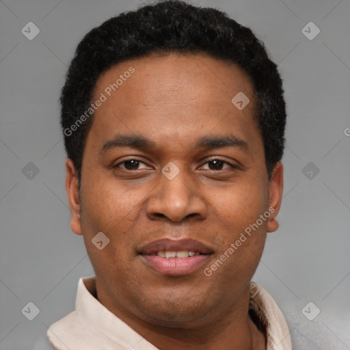 Joyful latino young-adult male with short  black hair and brown eyes