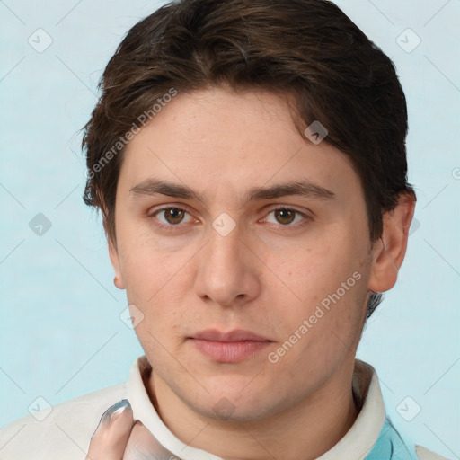 Neutral white young-adult male with short  brown hair and brown eyes