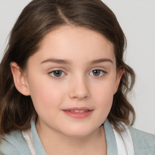 Joyful white child female with medium  brown hair and brown eyes