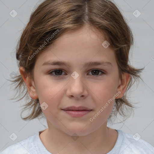 Joyful white child female with medium  brown hair and brown eyes