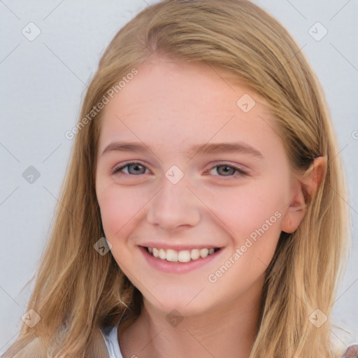 Joyful white young-adult female with long  brown hair and blue eyes