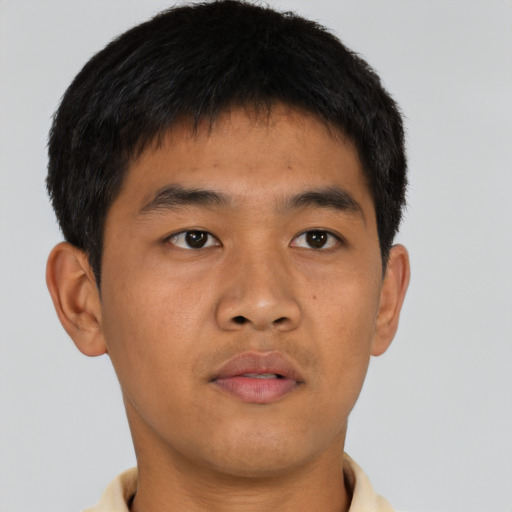 Neutral asian young-adult male with short  brown hair and brown eyes