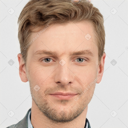 Joyful white adult male with short  brown hair and grey eyes