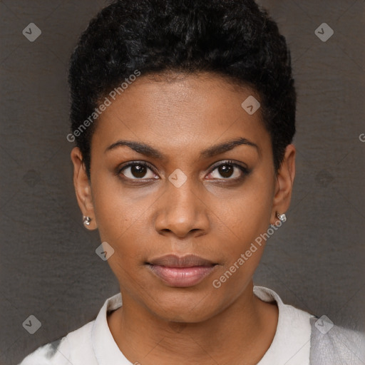 Neutral black young-adult female with short  black hair and brown eyes