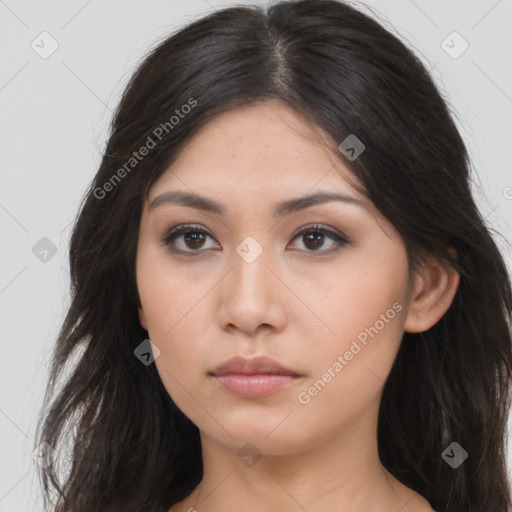 Neutral asian young-adult female with long  brown hair and brown eyes