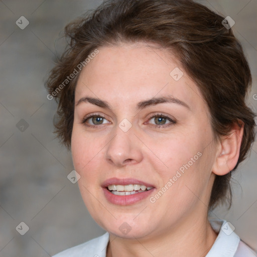 Joyful white young-adult female with medium  brown hair and blue eyes